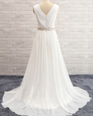 Ivory Simple V-neck Ruched Beading Chiffon Wedding Dress with Side Slit WD2031