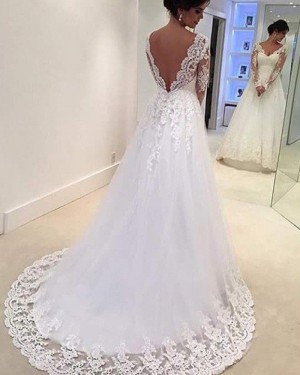 Pleated White V-neck Lace Appliqued Wedding Dress with Long Sleeves WD2032
