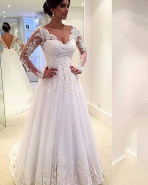 Pleated White V-neck Lace Appliqued Wedding Dress with Long Sleeves WD2032