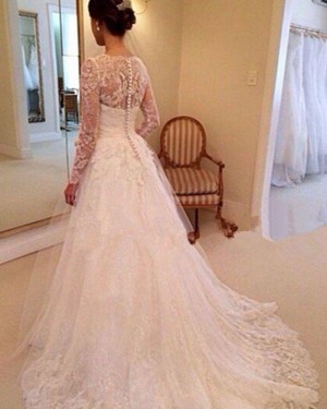 Ivory Princess Square Lace A-line Wedding Dress with Long Sleeves WD2035