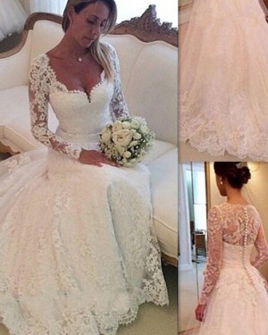 Ivory Princess Square Lace A-line Wedding Dress with Long Sleeves WD2035