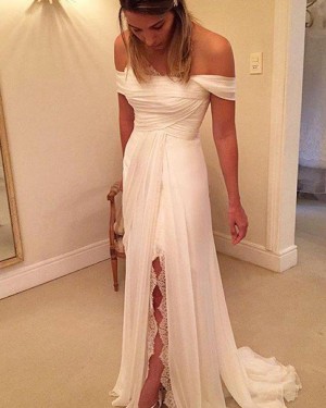 White Ruched Simple Off the Shoulder Wedding Dress with Side Slit WD2036