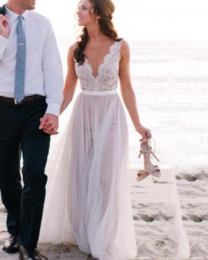 Tulle Ivory Jewel Lace Bodice Beach Wedding Dress WD2038