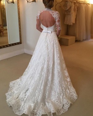 A-line High Neck Lace Ivory Wedding Dress with Long Sleeves WD2039