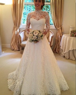 A-line High Neck Lace Ivory Wedding Dress with Long Sleeves WD2039