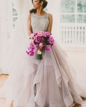 Ruffled Tulle Jewel Lace Bodice Ivory Wedding Dress WD2041