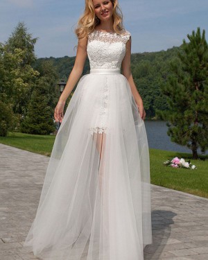 Short White Jewel Lace Wedding Dress with Detachable Skirt WD2042