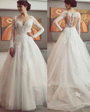 Appliqued A-line V-neck Lace Wedding Dress with Long Sleeves WD2043