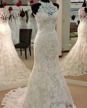 High Neck Lace Elegant Ivory Mermaid Wedding Dress WD2045