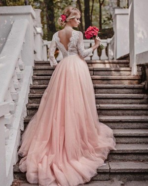 Dusty Pink Pleated V-neck Lace Bodice Tulle Wedding Dress with Long Sleeves WD2046