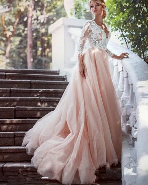 Dusty Pink Pleated V-neck Lace Bodice Tulle Wedding Dress with Long Sleeves WD2046