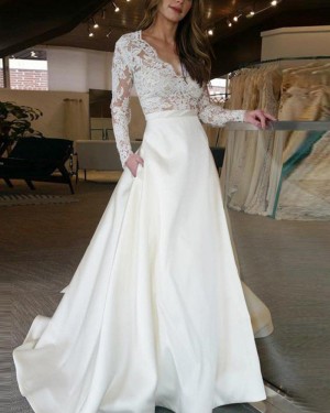 V-neck White Satin Lace Bodice Fall Wedding Dress with Long Sleeves WD2047