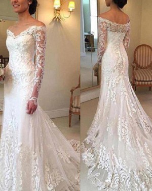 Lace Appliqued White Tulle Off the Shoulder Mermaid Wedding Dress with Long Sleeves WD2049