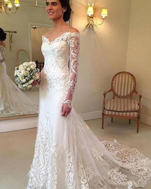 Lace Appliqued White Tulle Off the Shoulder Mermaid Wedding Dress with Long Sleeves WD2049