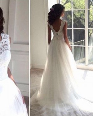 White Pleated Tulle Jewel Lace Bodice Wedding Dress WD2051