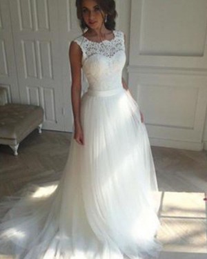 White Pleated Tulle Jewel Lace Bodice Wedding Dress WD2051