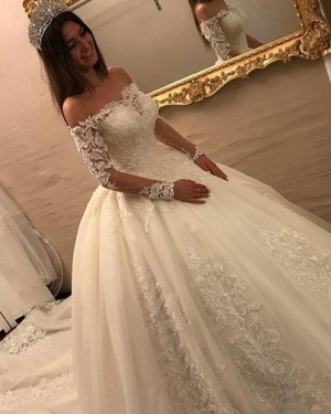 Lace Appliqued Ivory Off the Shoulder Wedding Dress with Long Sleeves WD2052