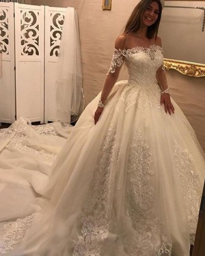 Lace Appliqued Ivory Off the Shoulder Wedding Dress with Long Sleeves WD2052