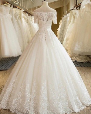 Lace Appliqued Pleated Off the Shoulder Ivory Wedding Gown with Short Sleeves WD2053