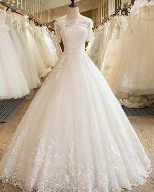 Lace Appliqued Pleated Off the Shoulder Ivory Wedding Gown with Short Sleeves WD2053