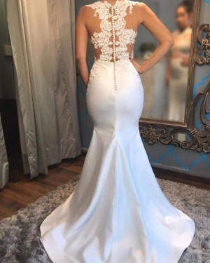 Appliqued Satin High Neck Mermaid White Wedding Dress WD2054