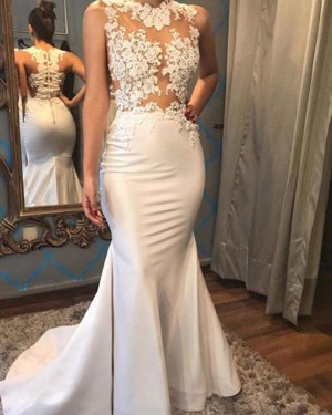 Appliqued Satin High Neck Mermaid White Wedding Dress WD2054