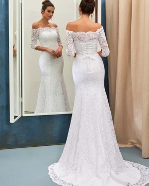 White Lace Mermaid Off the Shoulder Wedding Dress with Half Length Sleeves WD2056