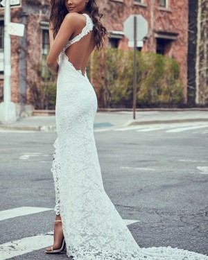 Lace Ivory Mermaid High Neck Wedding Dress with Side Slit WD2057