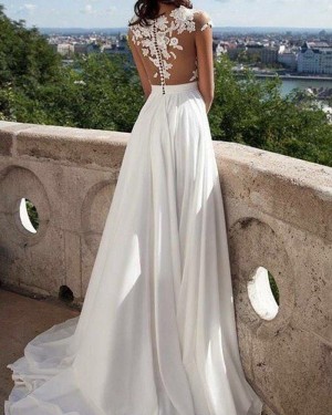 Appliqued Bodice Chiffon Sheer Neck Pleated Wedding Dress with Side Slit WD2059