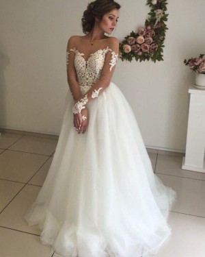 Lace Bodice Tulle Sheer Neck White Wedding Dress with Long Sleeves WD2060