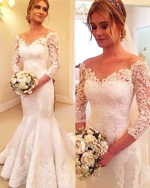 Lace Appliqued Satin Off the Shoulder Wedding Dress with 3/4 Length Sleeves WD2061