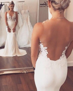 Lace Appliqued Bodice Sheer Neck White Mermaid Wedding Dress WD2062