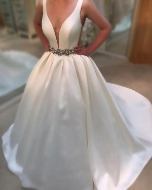 Simple Deep V-neck White Wedding Gown with Belt WD2065