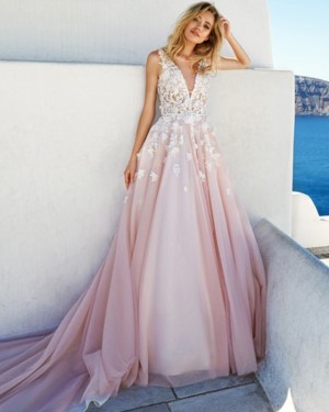 Deep V-neck Appliqued Pink Handmade Flowers Wedding Dress WD2078