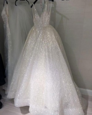 Sequin Ivory Unique Sparkle V-neck A-line  Wedding Dress WD2080