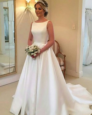 Simple White Pleated Satin Jewel Fall Wedding Dress with Cute Bowknot WD2081