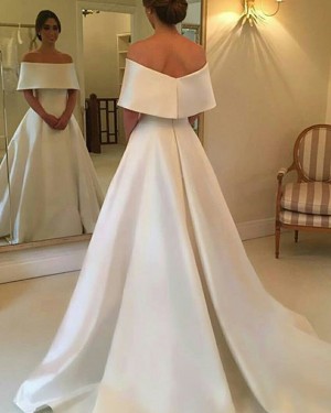 Simple Off the Shoulder A-line Satin Layered Neck Fall Wedding Dress WD2082