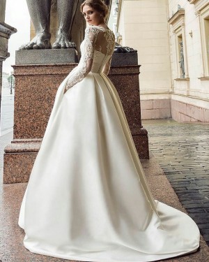 Ivory Satin Pleated Jewel Lace Applique Bodice Long Sleeve Fall Wedding Dress with Pockets WD2086