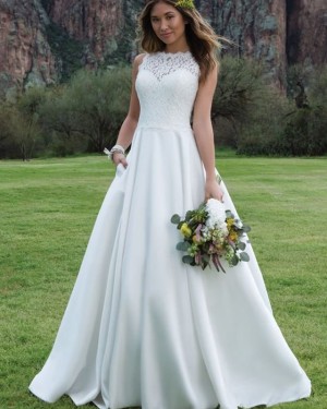 Lace Bodice A-line White Jewel Satin Fall Wedding Dress with Pockets WD2095