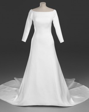 Simple Sheath Satin Scoop Royal Wedding Dress with 3/4 Length Sleeves WD2096