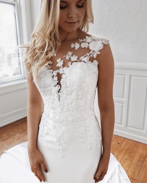 Gorgeous Applique Mermaid White 3D Flower Wedding Dress with Chapel Train WD2100