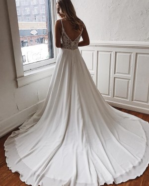 Simple Chiffon White Spaghetti Straps Wedding Dress with Court Train WD2101
