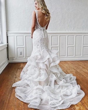 Gorgeous Deep V-neck Ruffle Lace White Mermaid Wedding Dress WD2102
