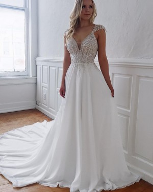 Lace Bodice White V-neck A-line Wedding Dress with Chapel Train WD2103