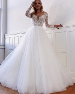 Lace Bodice Tulle Deep V-neck White Wedding Dress with Long Sleeves WD2104