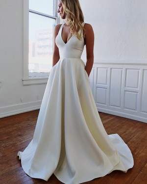 Simple Satin V-neck Pleated Fall Wedding Dress with Pockets WD2108