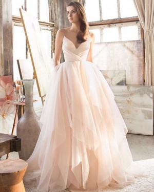 Light Pink Tulle Spaghetti Straps Ruffle Wedding Dress WD2109