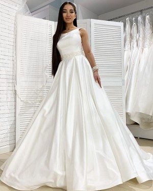 Simple Satin Jewel White Fall Wedding Dress with Beading Belt WD2111