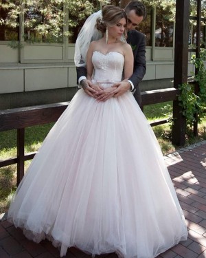 Light Pink Sweetheart Tulle Applique Pleated Wedding Gown WD2113