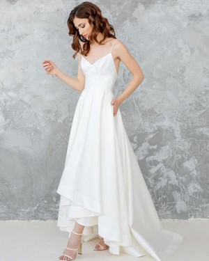 High Low White Satin Spaghetti Straps Pleated Wedding Dress with Pockets WD2121